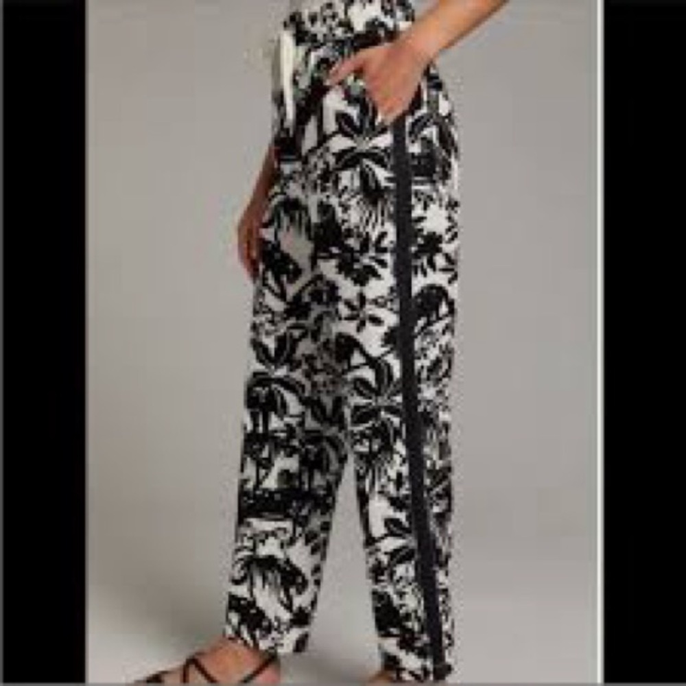 Anthropologie Black and White Tropical Print Track Pants